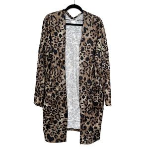 Leopard Print Long Open Front Oversized Cardigan with Pockets size Small